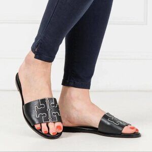 Tory Burch Black Leather Logo Slide Sandals